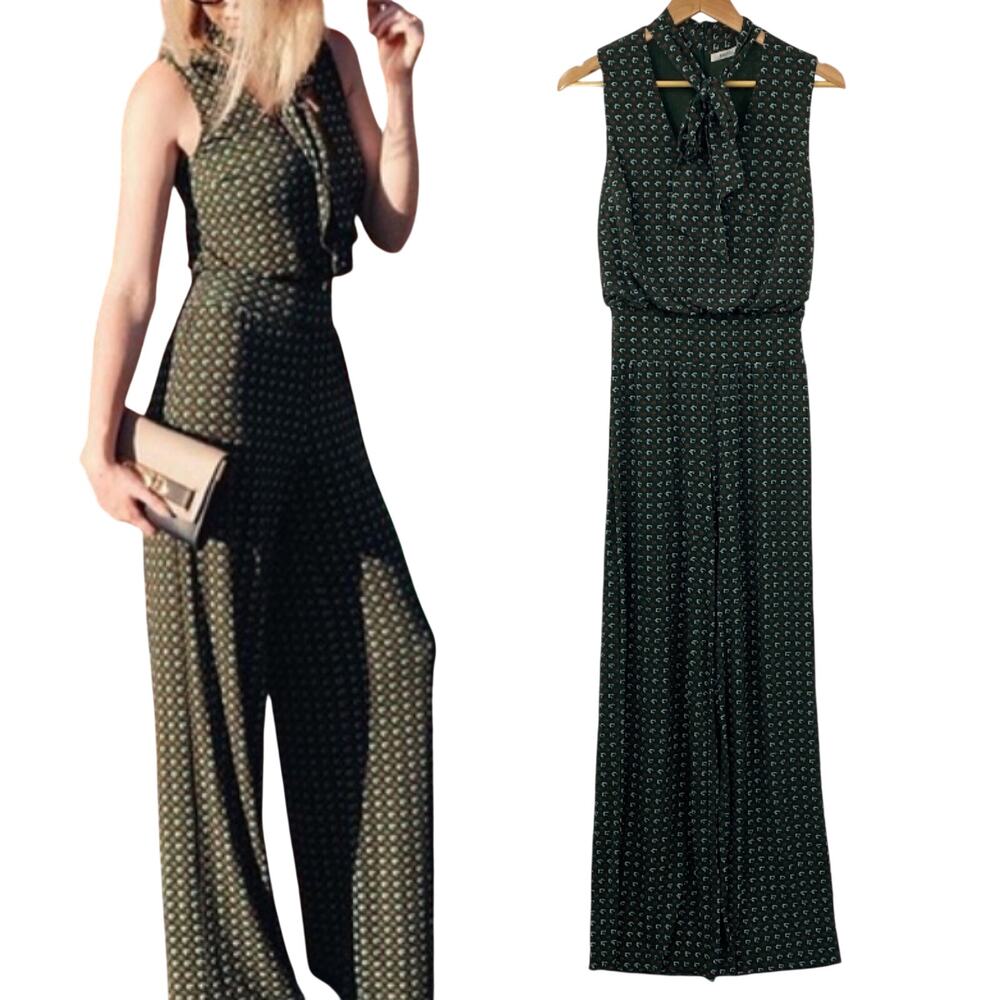 Bailey 44 Jumpsuit Tie Neck Wide Leg Jersey Knit Printed Sleeveless Green Small